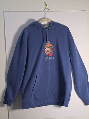 VANS Womens XL Pullover Hoodie Black W/Blue Skull Floral Graphic Kangaroo Pocket